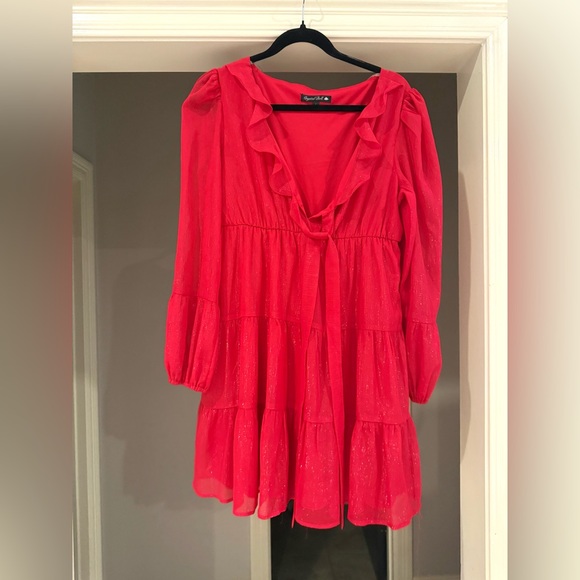 Crystal Doll Red Shimmer Ruffled tiered Women's Dress Size L - Picture 1 of 8